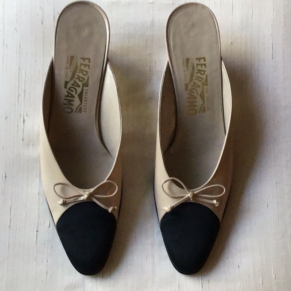 Salvatore Ferragamo Cream and Black Mules Elegant Design